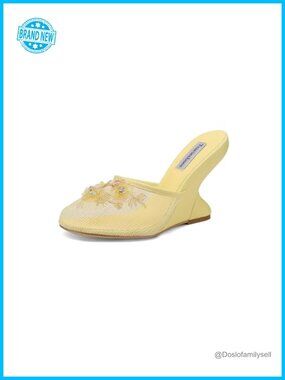 Women's Mesh Mule Slip On Sandals Floral Sequin Round Toe Wedge Heel Slides